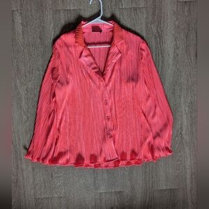 Dressed in LALA Coral-Red Pleated Button Down Blouse